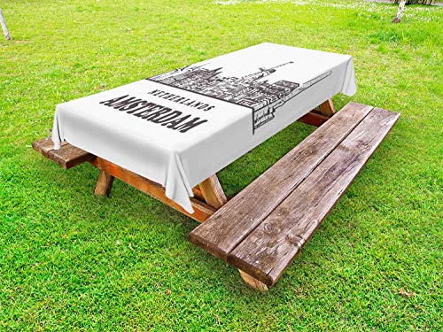 ABAKUHAUS Amsterdam Tovaglia da Esterno, Olanda City Skyline, Tovaglia da Picnic Lavabile Decorativa, 145 cm x 265 cm, Scuro Talpa Bianco