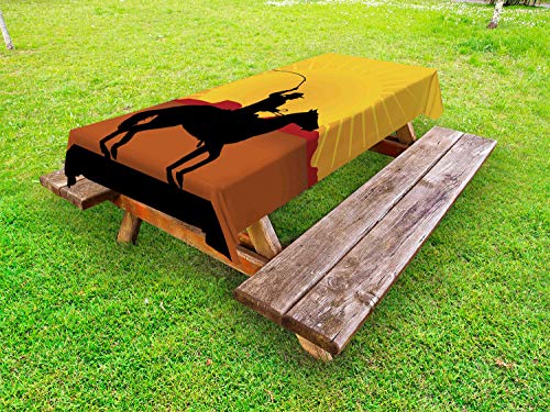 ABAKUHAUS Silhouette Tovaglia da Esterno, Cowboy a Cavallo Ombra, Tovaglia da Picnic Lavabile Decorativa, 145 cm x 265 cm, Terra Giallo Multicolor