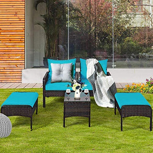 YRRA Furniture in Vimini Set da 5 Pezzi PE in Vimini Rattan all'aperto Tutto Meteo cuscinato divani e ottomana Set Prato Piscina Piscina Balcone Conversazione Set Set Chat (Turchese)-Turchese