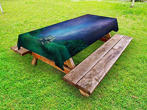 ABAKUHAUS Villetta Tovaglia da Esterno, Cabina nella Valle sotto Le Stelle, Tovaglia da Picnic Lavabile Decorativa, 145 cm x 265 cm, Indigo e Hunter Verde