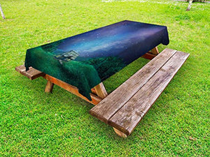 ABAKUHAUS Villetta Tovaglia da Esterno, Cabina nella Valle sotto Le Stelle, Tovaglia da Picnic Lavabile Decorativa, 145 cm x 265 cm, Indigo e Hunter Verde