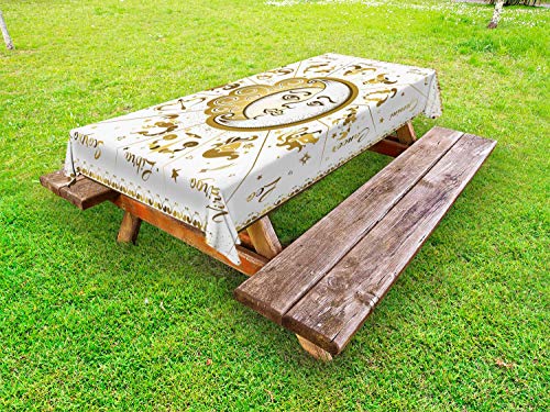 ABAKUHAUS Zodiaco Luna Tovaglia da Esterno, Nome e Piazza, Tovaglia da Picnic Lavabile Decorativa, 145 cm x 265 cm, Khaki Bianco