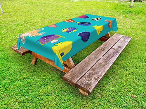 ABAKUHAUS Colorato Tovaglia da Esterno, Nautical Pesci Diversi, Tovaglia da Picnic Lavabile Decorativa, 145 cm x 210 cm, Scuro Seafoam Multicolor