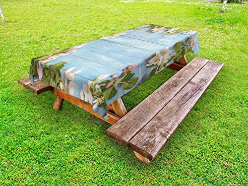 ABAKUHAUS Legno Rustico Tovaglia da Esterno, Fiore Modello Fresco, Tovaglia da Picnic Lavabile Decorativa, 145 cm x 265 cm, Pale Blue Verde