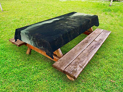 ABAKUHAUS Foresta oscura Tovaglia da Esterno, Cascata in Norvegia, Tovaglia da Picnic Lavabile Decorativa, 145 cm x 305 cm, Charcoal Grey e Verde Pallido