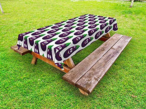 ABAKUHAUS Agricoltura Tovaglia da Esterno, Melanzane volti sorridenti Art, Tovaglia da Picnic Lavabile Decorativa, 145 cm x 305 cm, Viola Scuro e Verde