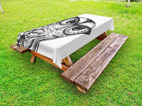 ABAKUHAUS Owl Lover Tovaglia da Esterno, Uccello con Occhiali Vintage, Tovaglia da Picnic Lavabile Decorativa, 145 cm x 305 cm, Charcoal Grey And White
