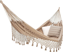ECOMUNDY Romance BIO XL 360 beige - Amaca giardino con frangia premium - 2 persone (doppia) - cotone biologico - GOTS - 160x240x360cm Max 250kg