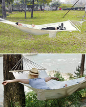deepee Amaca da Campeggio da Giardino in Cotone con Barre di Diffusione in Legno e 2 Cuscini, 220 x 120cm, capacità di Carico 300 kg, con Tasche Laterali e Borsa da Viaggio per Campeggio, Giardini